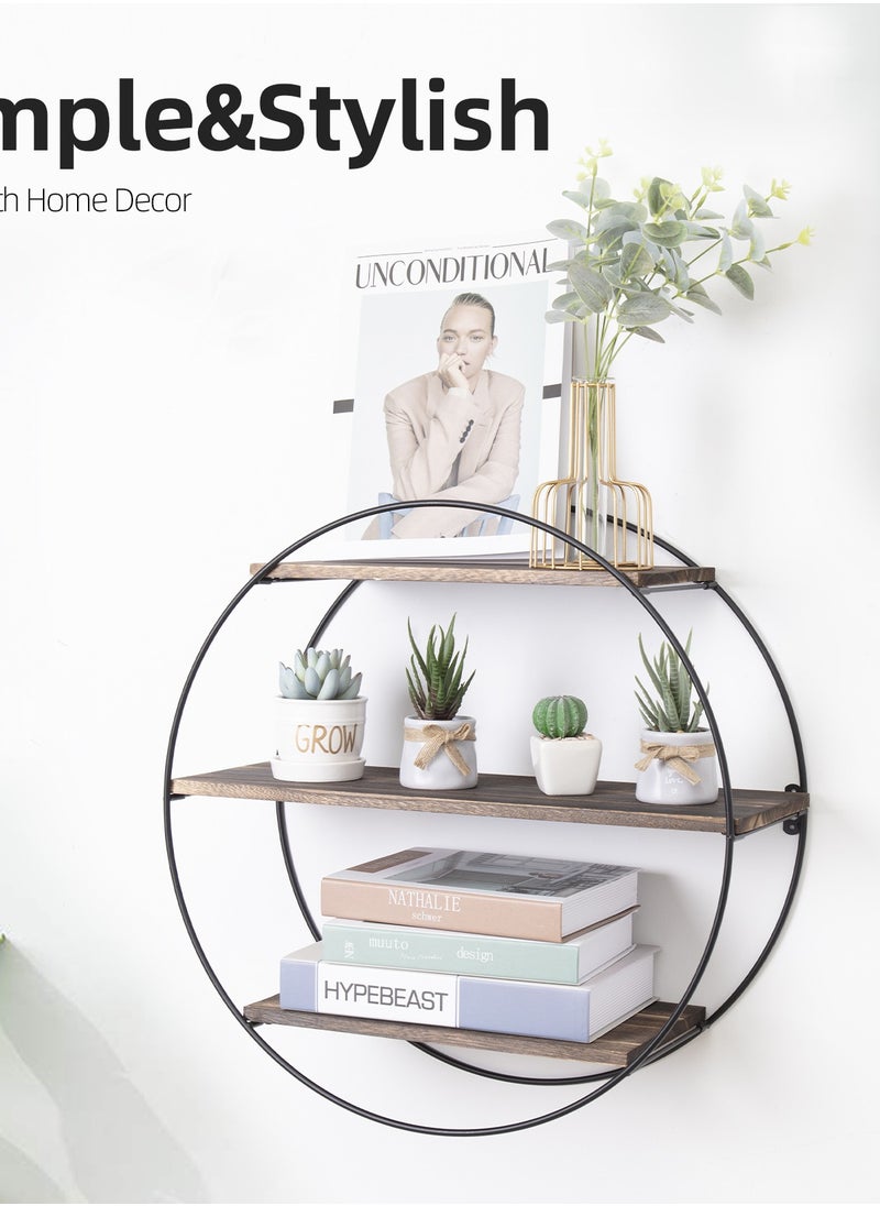 Generic - Circle Wall Shelf Wall Mounted Floating Shelves Round Wood and Metal Wall Display shelves Storage Organiser for Living Room Bedroom Office Kitchen - Image 1