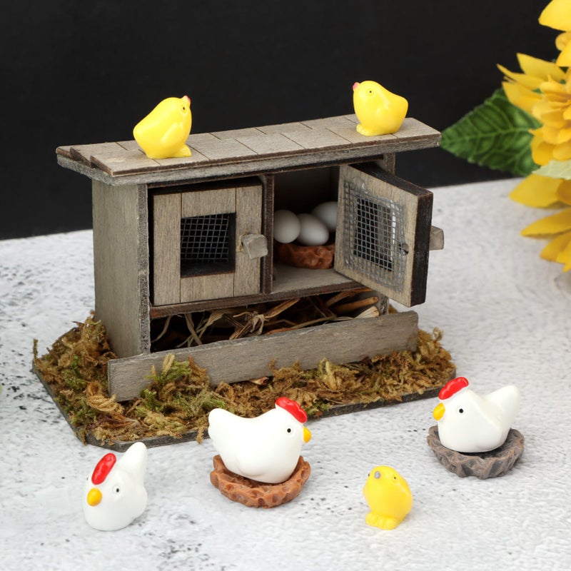 Restynic Miniature Chicken Coop Set - 13-Piece Farm Decor Kit with Hens, Chicks, Eggs & Nests for Fairy Gardens, DIY Mini Landscapes & Party Decor - Image 1