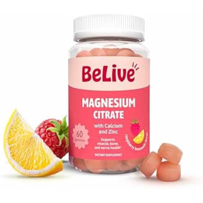 BeLive Magnesium Citrate Gummies with Calcium and Zinc for Adults and Kids - High Absorption Magnesium Supplement for Cognitive, Bone, Muscle and Nerve Health - Raspberry Lemonade - 60 Count - Image 1