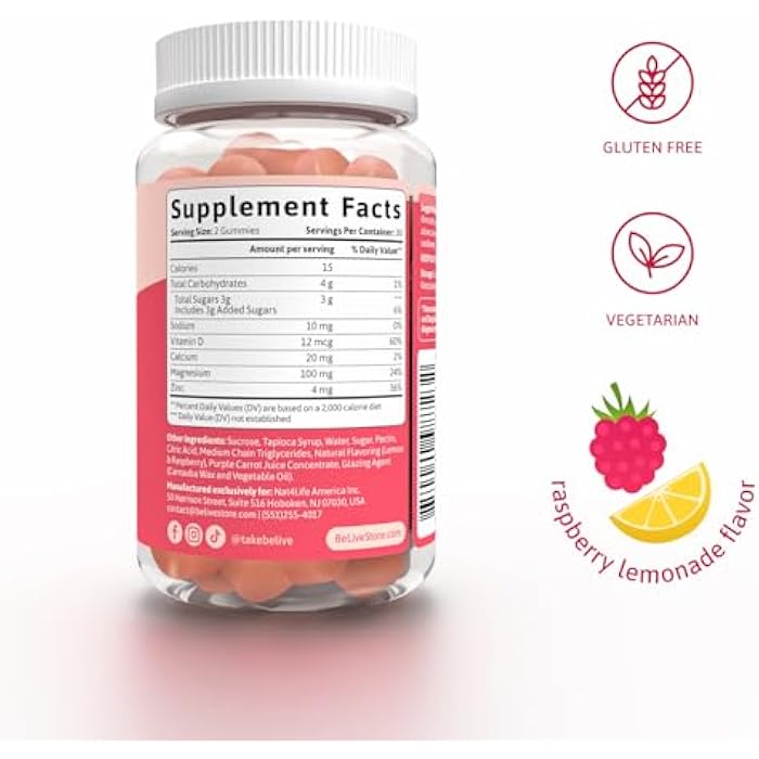 BeLive Magnesium Citrate Gummies with Calcium and Zinc for Adults and Kids - High Absorption Magnesium Supplement for Cognitive, Bone, Muscle and Nerve Health - Raspberry Lemonade - 60 Count - Image 2