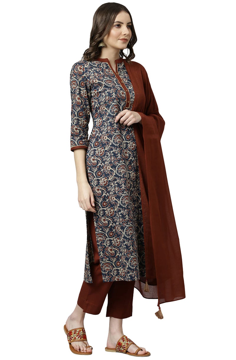 Janasya Teal Teal Blue Floral Print Kurta with Pant & Dupatta for Women Pure Cotton Fabric Latest Fashion - Image 2