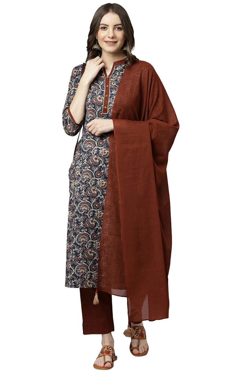 Janasya Teal Teal Blue Floral Print Kurta with Pant & Dupatta for Women Pure Cotton Fabric Latest Fashion - Image 1