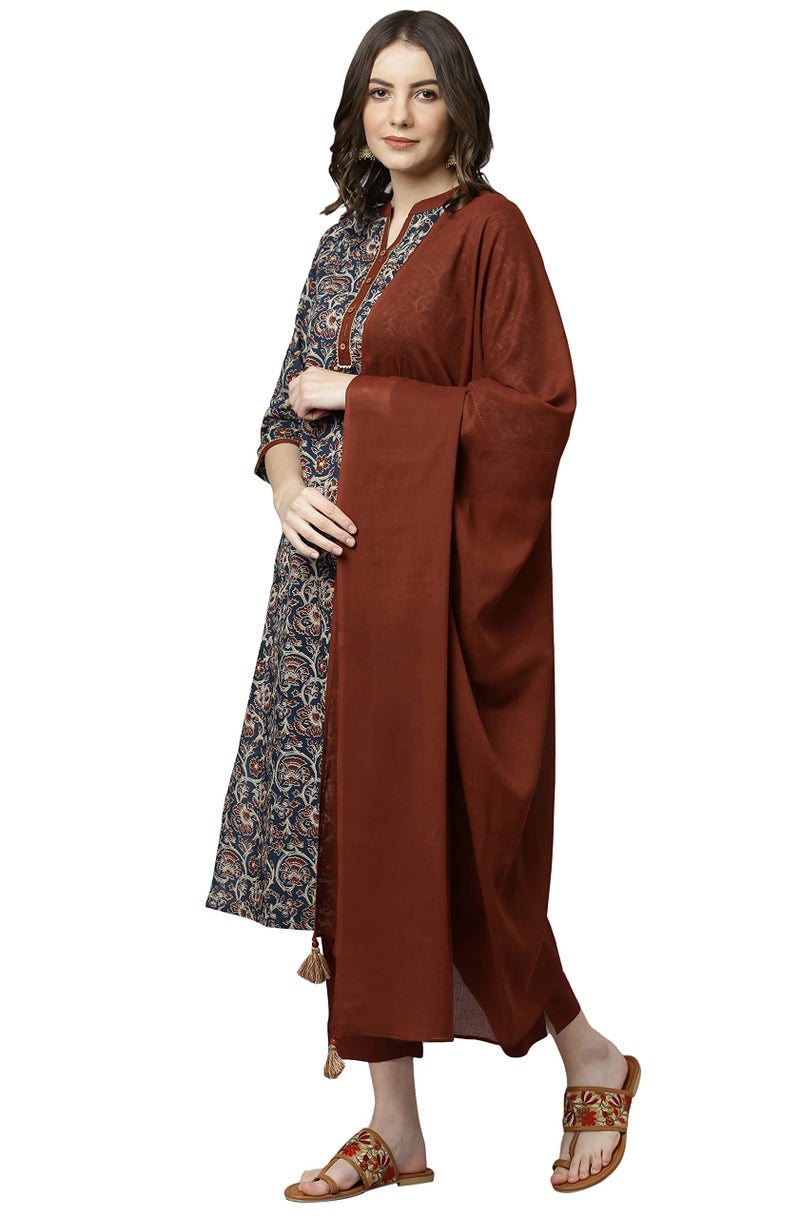 Janasya Teal Teal Blue Floral Print Kurta with Pant & Dupatta for Women Pure Cotton Fabric Latest Fashion - Image 3