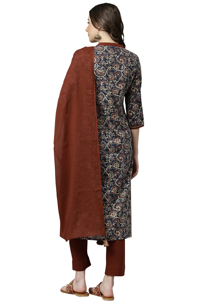 Janasya Teal Teal Blue Floral Print Kurta with Pant & Dupatta for Women Pure Cotton Fabric Latest Fashion - Image 4