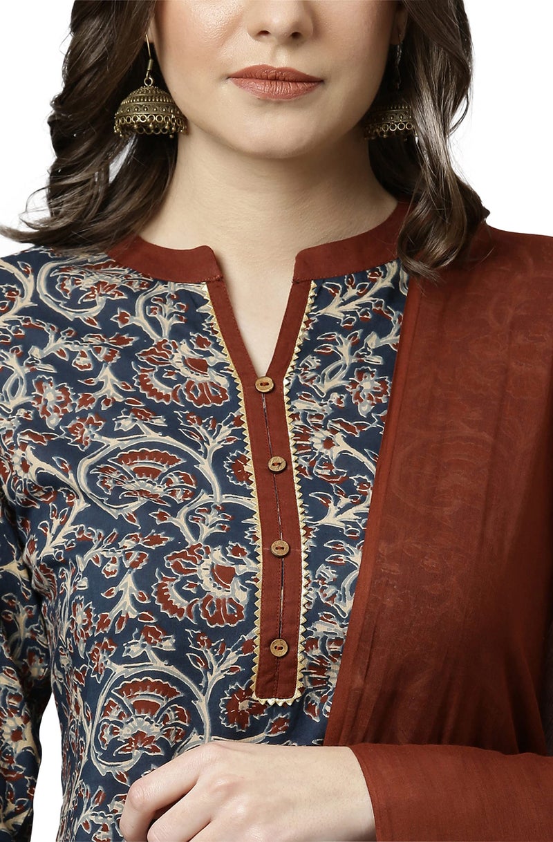 Janasya Teal Teal Blue Floral Print Kurta with Pant & Dupatta for Women Pure Cotton Fabric Latest Fashion - Image 5