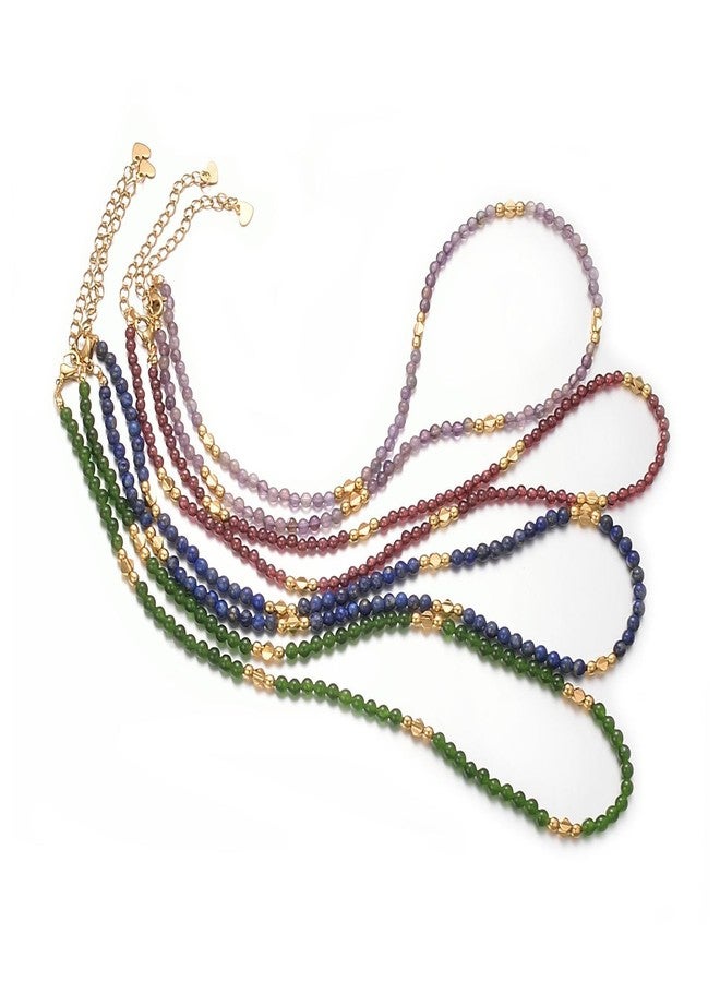 Aleasha Gemstone Beaded Choker Spinel Lapis Lazuli Amethyst Turquoise 14" Necklace for Women Gold Stainless Steel Handmade Strand Boho Jewelry, 3mm beads, 46cm chain, Stone, Amethyst - Image 4