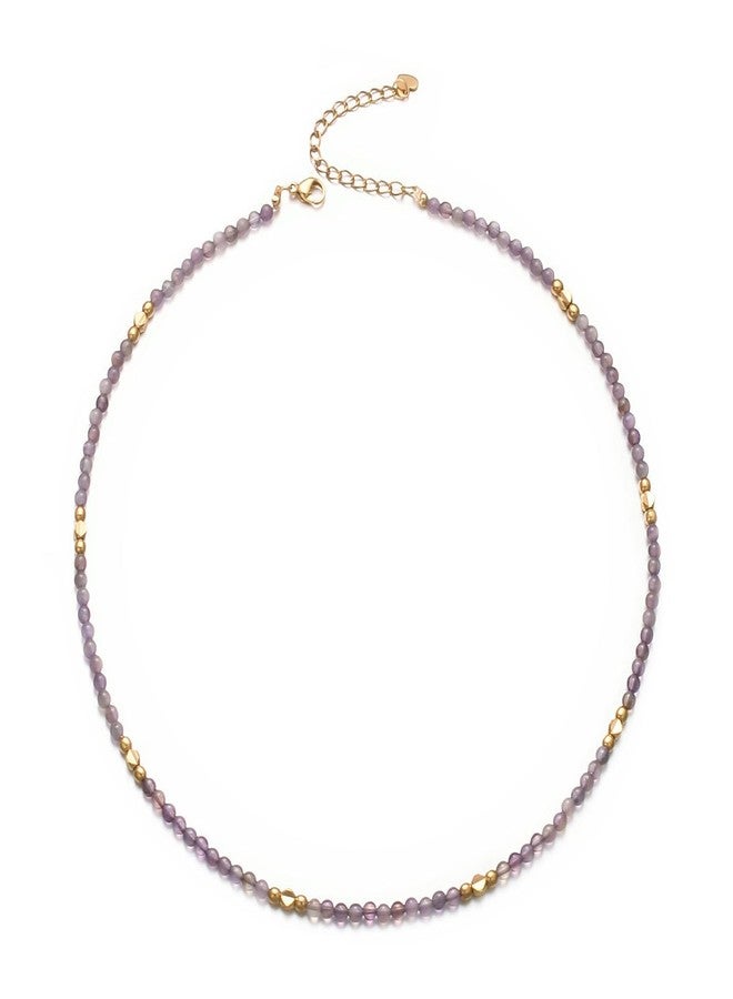 Aleasha Gemstone Beaded Choker Spinel Lapis Lazuli Amethyst Turquoise 14" Necklace for Women Gold Stainless Steel Handmade Strand Boho Jewelry, 3mm beads, 46cm chain, Stone, Amethyst - Image 1