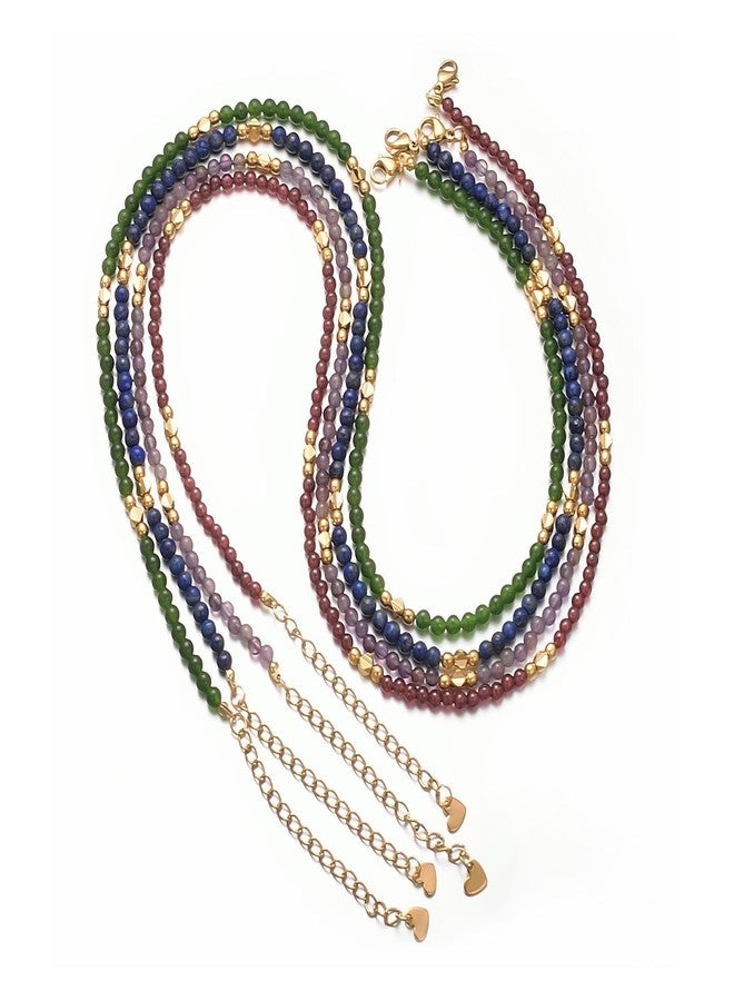 Aleasha Gemstone Beaded Choker Spinel Lapis Lazuli Amethyst Turquoise 14" Necklace for Women Gold Stainless Steel Handmade Strand Boho Jewelry, 3mm beads, 46cm chain, Stone, Amethyst - Image 5