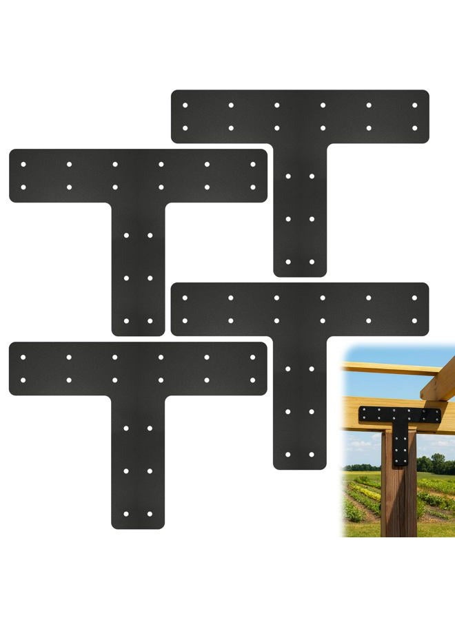 Alffun 4 Pack T Post Timber Frame Brackets, 14"x10" T Flat Mending Plate Fit 4x4,6x6 Lumber, Post to Beam Connector with Black Powder-Coated for Fixing, Repairing, Strengthening - Image 1