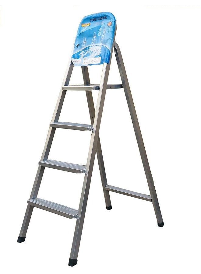 ROBUSTLINE Heavy Duty Steel Ladder Ultra Stable Folding Ladder 4 Step Silver  - Image 1
