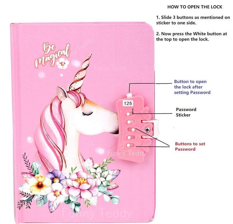 Funny Teddy Unicorn Password Lock Diary with Pen for Girls Kids - Combination Lock Journal Personal - Colorful Pages - Image 2