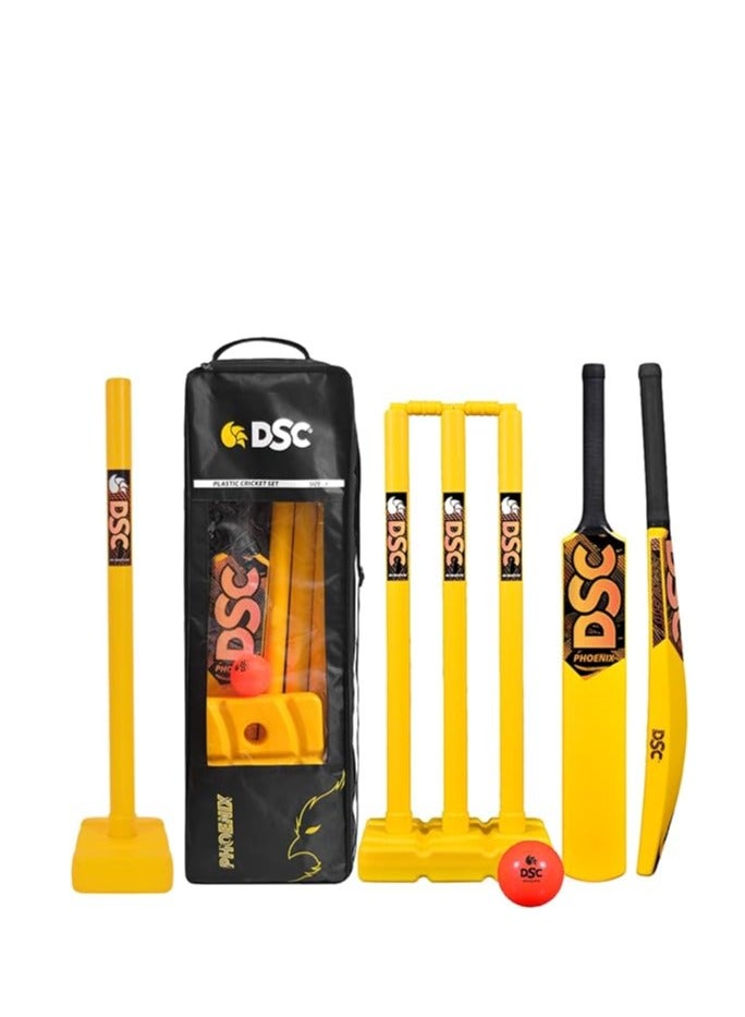 DSC Phoenix Plastic Cricket Set For Kids | Size: 6 | Material: Plastic | Includes 4 Plastic Stumps + 2 Base + 2 Bails + 1 PVC Ball | Lightweight | Free Cover | Ready to play | For Kids - Image 1