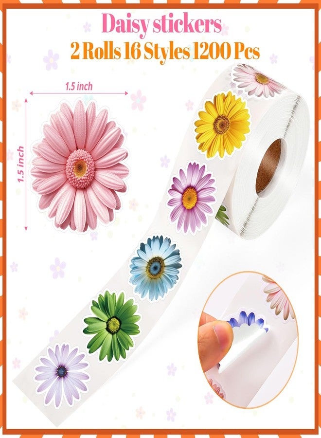KFPPLXQ 1200 PCS Flower Stickers Roll for Kids, Daisy Stickers and Sun-Proof Flower Roll Sticker for Scrapbooks, Water Bottle, Present Boxes Decorations (16 Styles) - Image 2