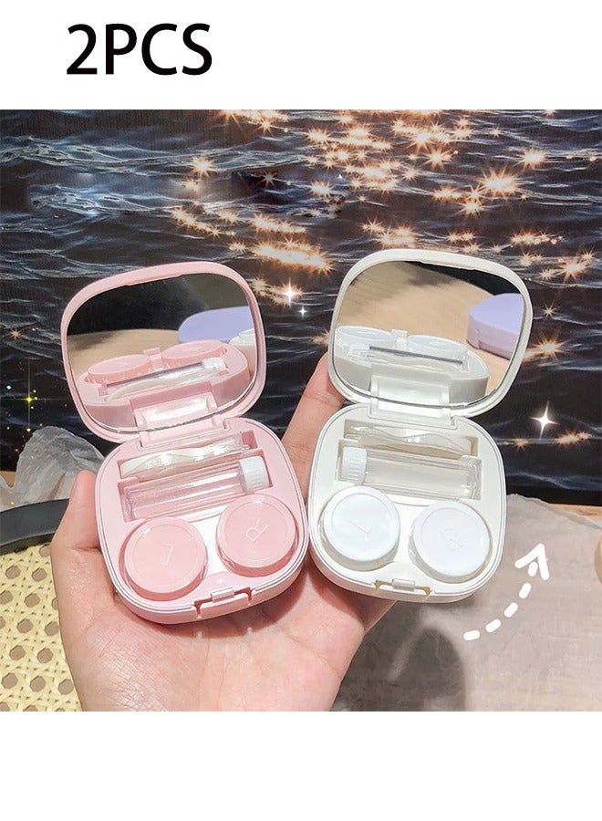 2 Pieces of Contact Lens Case Flip Cap with Mirror, Leak Proof Contact Lens Case Holder, Cute Contact Llens Kit with Tweezers Removal Tool Solution Bottle, Suitable for Travel and Home Use, 2 Colors - Image 1