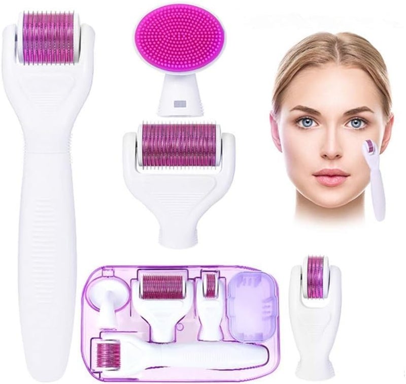 Skyzone 5 in 1 Derma Roller Microneedling Kit for Face and Body Micro Needle Microdermabrasion Roller Reduce wrinkles scars stretch marks 3 Replaceable Heads 5 in 1 Drem Roller - Image 1