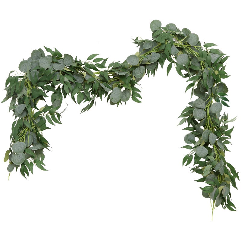 Greentime 2 Pack Greenery Garland 65 Feet Artificial Eucalyptus Garland with Willow Leaves for Wedding Table Runner Bridal Baby Shower Decor