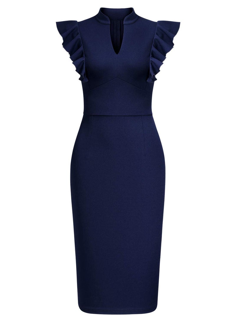 Knitee Women's Vintage Ruffle Sleeve V-Neck Bodycon Evening Party Cocktail Pencil Sheath Dress (A-Navy Blue, Medium) - Image 3
