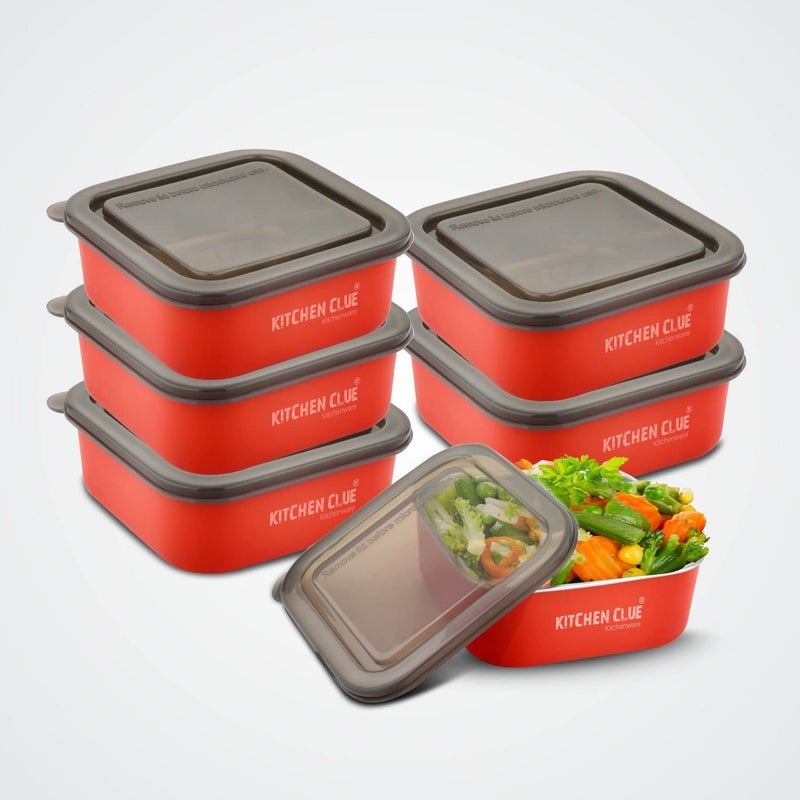 KITCHEN CLUE Stainless Steel Microwave Safe Storage ContainerBox Set Of 6 Pcs Red 16cm Steel Fridge Storage Box For Kitchen Airtight LeakProof Lid Container Ideal For Stroage Serving - Image 2