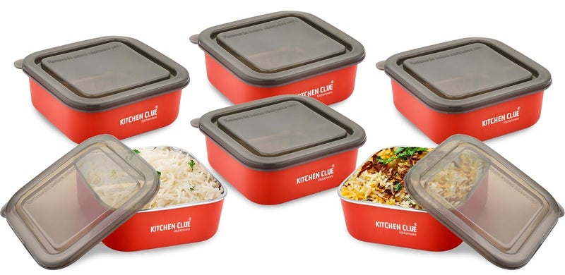 KITCHEN CLUE Stainless Steel Microwave Safe Storage ContainerBox Set Of 6 Pcs Red 16cm Steel Fridge Storage Box For Kitchen Airtight LeakProof Lid Container Ideal For Stroage Serving - Image 1