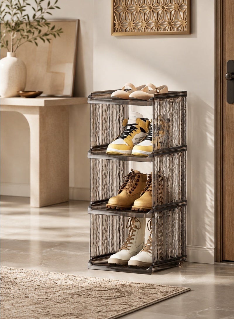 Shoe Rack Organizer, 4-Tier Modular Shoe Organizer for Front Door Entrance, Glacial texture, Narrow Stackable Shoe Stand Shelf Tower Small Shoe Cabinet for Closet Hallway Dorm - Transparent Brown - Image 1