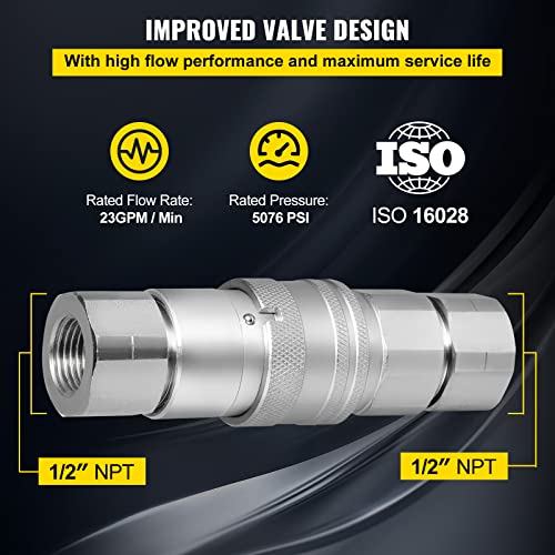 Bestauto Hydraulic Quick Connect 1/2 Body with 1/2" NPT Thread Hydraulic Coupler 4 Pairs Hydraulic Coupling Quick Connect 45.5 L/min Hydraulic Quick Coupler (ISO 16028) - Image 3