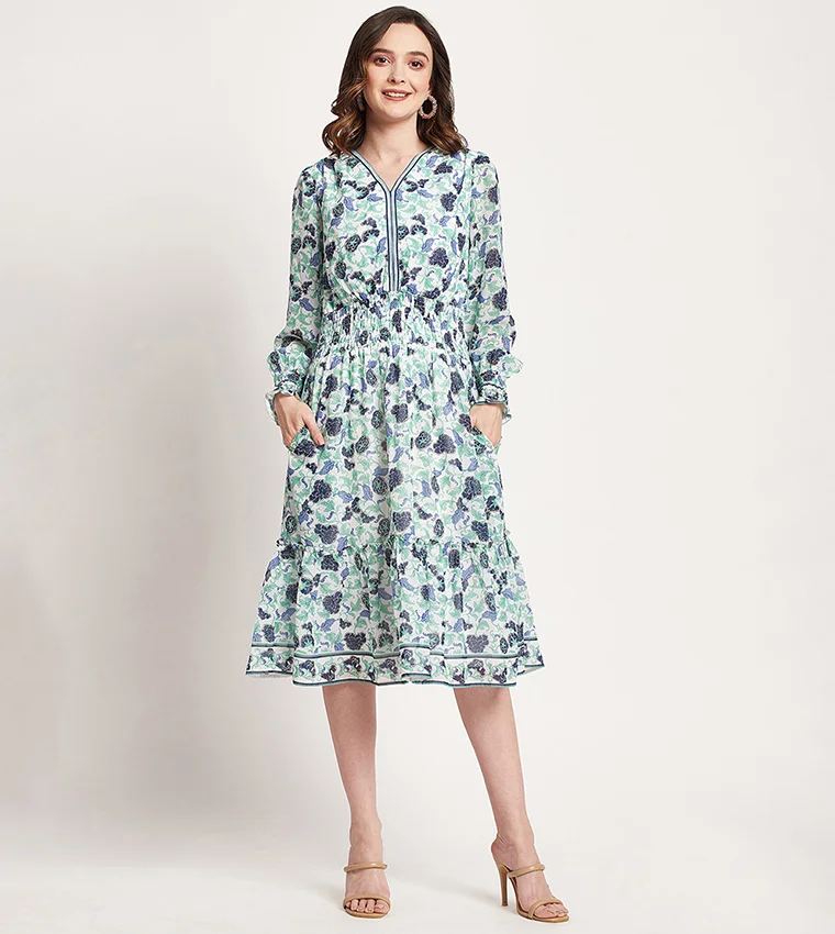 BEVERLY HILLS POLO CLUB Printed V-Neck Midi Dress