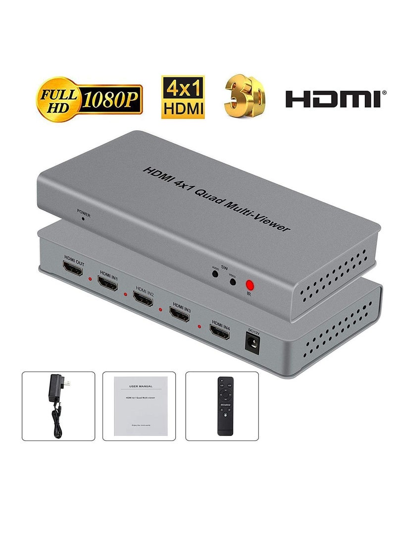 Microware - Microware Video 4x1 HDMI Quad Multi-Viewer with Seamless Switcher Selector 3D 1080p, 4x1 PIP Mode Multi-Viewer (4X1 Multi-Viewer, Silver) - Image 1