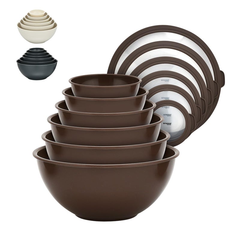 BAKKENMASTER Bakken Master 12 Piece Plastic Nesting Bowls with Lids - Mixing Bowls Set includes 6 Prep Bowls and 6 Lids, BPA-Free, Reusable Meal Prep Containers, Microwave, Freezer & Dishwasher Safe, Brown - Image 1