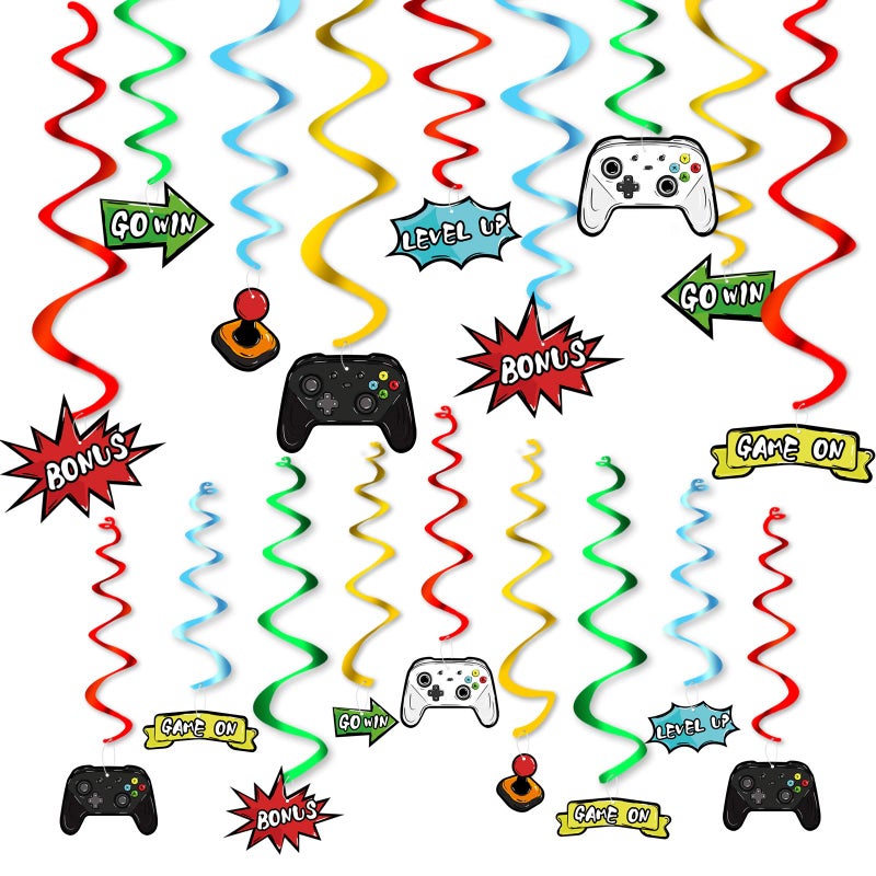 Watercolor Video Game Hanging Swirl 28 PCS Video Game Party Decorations for Boys Kids Game Theme Birthday Party Supplies Hanging Whirls Streamer Spiral Garlands Ceiling Decor