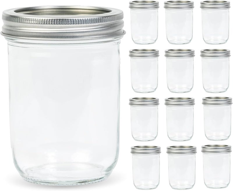 Yodecy 12 Pack 16 oz Wide Mouth Clear Mason Jars with Silver Metal Lids, Canning Jars for Overnight Oats, Food Storage, Dry Food, Snacks, Candies and More - Image 1