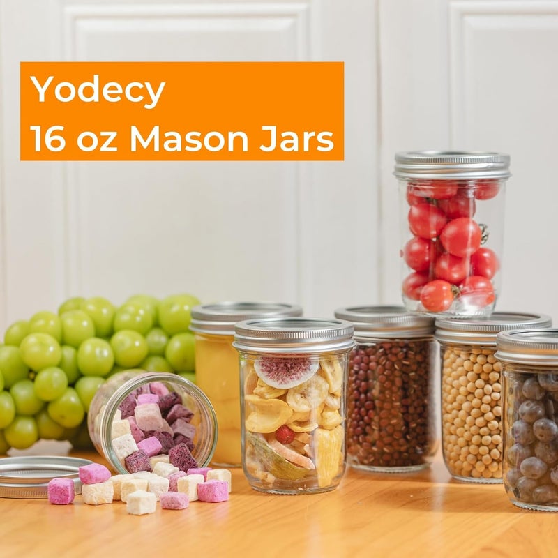 Yodecy 12 Pack 16 oz Wide Mouth Clear Mason Jars with Silver Metal Lids, Canning Jars for Overnight Oats, Food Storage, Dry Food, Snacks, Candies and More - Image 3