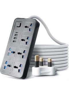 GKK Universal Extension Lead with Multiple Function UK Plug 3 Pin Socket Outlet with 6 Power Strip Gang 3 USB Port 1 Type-C Port 2 Meter Electric Socket Mains Strip for Home Kitchen and Office  - Image 1