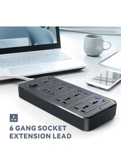 GKK Universal Extension Lead with Multiple Function UK Plug 3 Pin Socket Outlet with 6 Power Strip Gang 3 USB Port 1 Type-C Port 2 Meter Electric Socket Mains Strip for Home Kitchen and Office  - Image 3