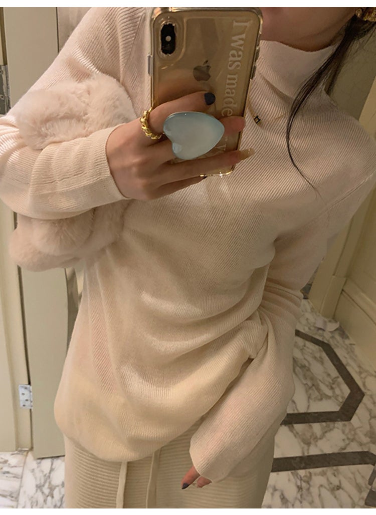 Generic - Retro Brown Turtleneck Knit Top Women Autumn Winter 2024 Slim Fit Pullover Apricot - Image 1