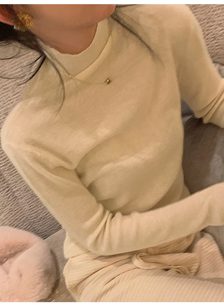Generic - Retro Brown Turtleneck Knit Top Women Autumn Winter 2024 Slim Fit Pullover Apricot - Image 1