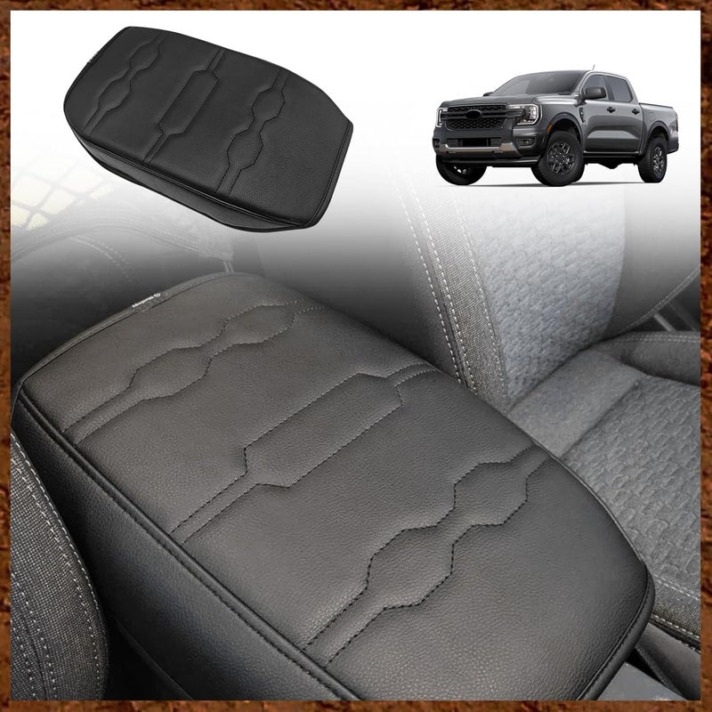 Muslogy غطاء مسند الذراع للكونسول الوسطي متوافق مع Ford Ranger 2024 2025، إكسسوارات، وسادة مسند ذراع مريحة، غطاء صندوق الكونسول، واقي من الجلد النباتي، سمك عادي (أسود/خياطة سوداء). - Image 1