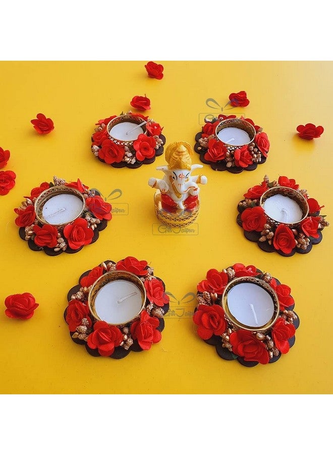 Gift Jaipur 6 pc Red Diwali Decorative Handmade Tea Light Candle Designer Diyas with Ganesha Idol - Deepak, Candles, Home Decoration for puja Festival New Year Ganesha Chaturthi - Image 1