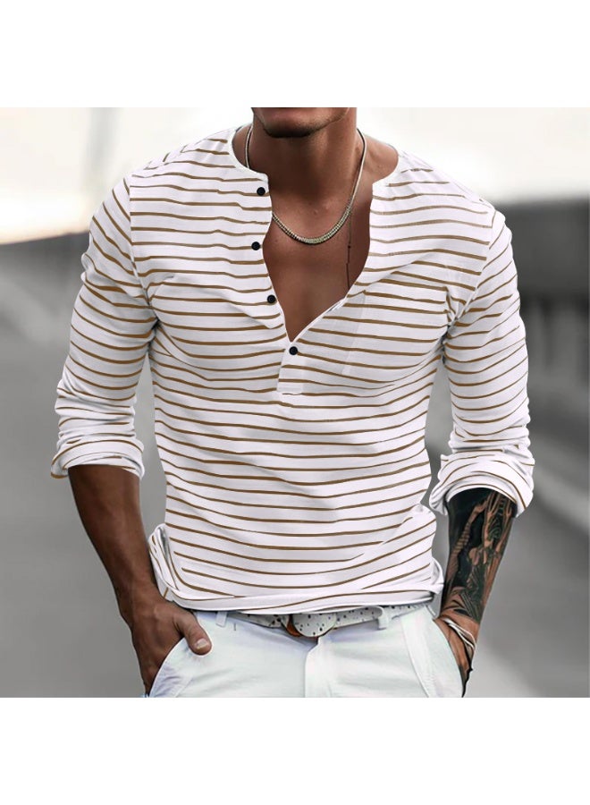 Men's Versatile Bottom Long Sleeve Casual Horizontal Striped Henry T-Shirt - Image 1