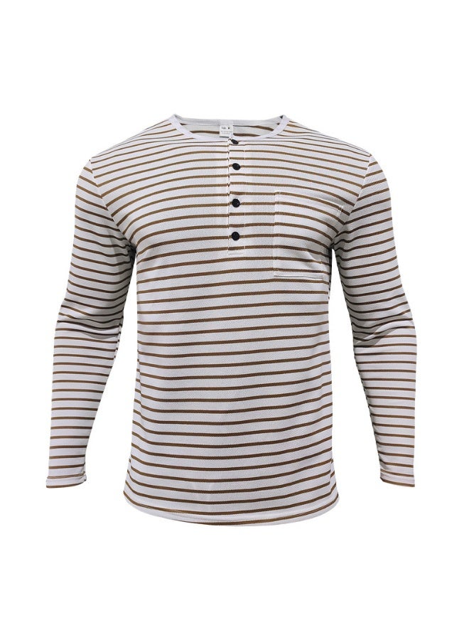 Men's Versatile Bottom Long Sleeve Casual Horizontal Striped Henry T-Shirt - Image 2