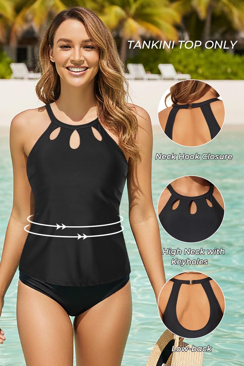 Tempt Me Black High Neck Tankini Top Backless Bathing Suit for Women Key Hole Swimsuit Swim Top Only L - Image 4