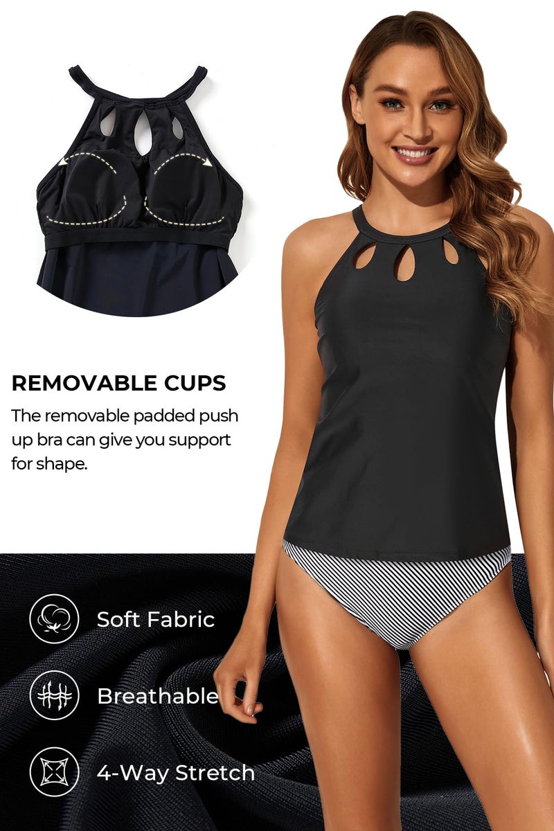 Tempt Me Black High Neck Tankini Top Backless Bathing Suit for Women Key Hole Swimsuit Swim Top Only L - Image 3