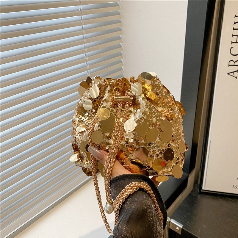 Trendy New Sequin Bucket Bag, Stylish Niche New French Chain Shoulder Crossbody Bag - Image 1