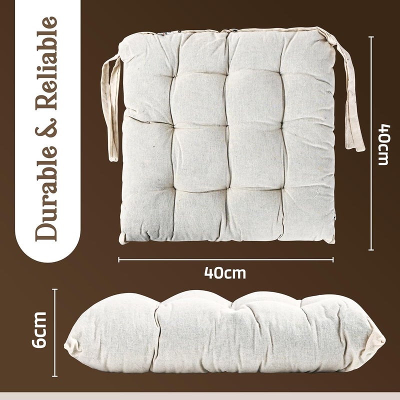 Kuber Industries 3 Pcs Cotton 16x16 Inch Chair Cushion for Sitting | Chairs Cushion For Home, Office, Dining Chair, Car, Meditation | Back Rest Support Chair Cushion with Ties | Plain - Cream - Image 3