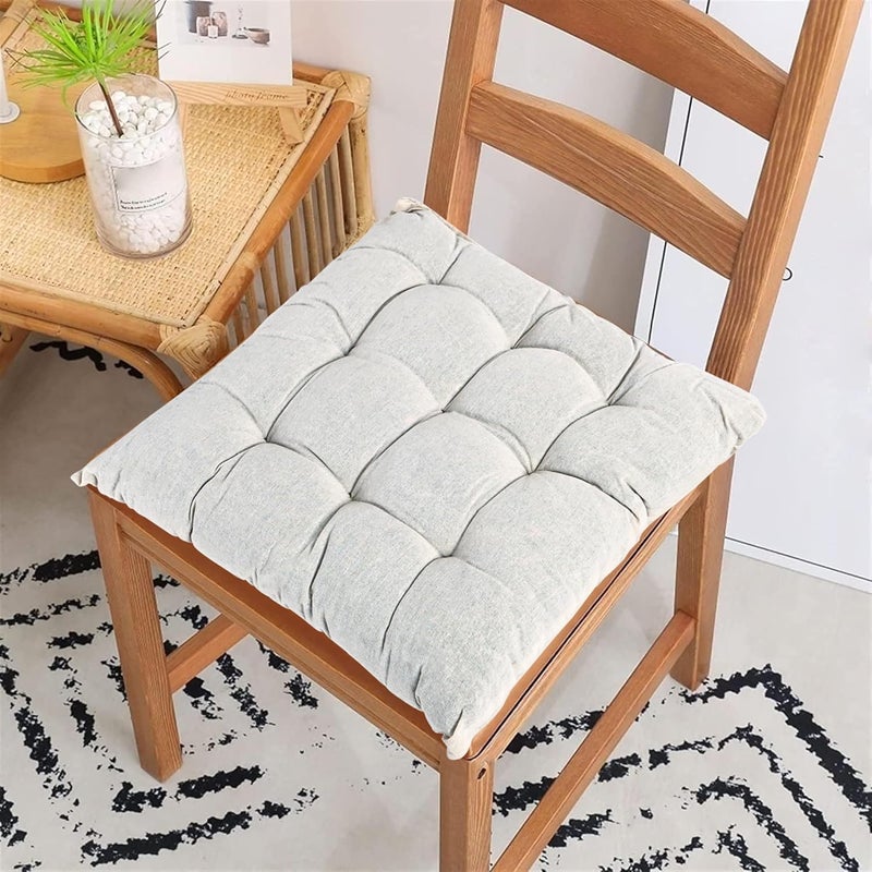 Kuber Industries 3 Pcs Cotton 16x16 Inch Chair Cushion for Sitting | Chairs Cushion For Home, Office, Dining Chair, Car, Meditation | Back Rest Support Chair Cushion with Ties | Plain - Cream - Image 2