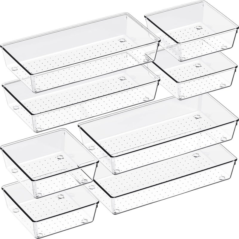 SKYFUN (LABEL) 8 Pack Large Clear Acrylic Drawer Organizer Set, Bathroom Vanity Trays Dividers, Non Slip Storage for Makeup, Jewelry, Snacks, Office, Desk, Fridge (8 Set) - Image 1