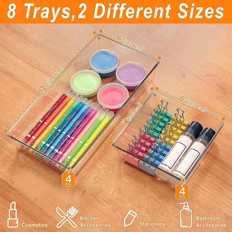 SKYFUN (LABEL) 8 Pack Large Clear Acrylic Drawer Organizer Set, Bathroom Vanity Trays Dividers, Non Slip Storage for Makeup, Jewelry, Snacks, Office, Desk, Fridge (8 Set) - Image 3