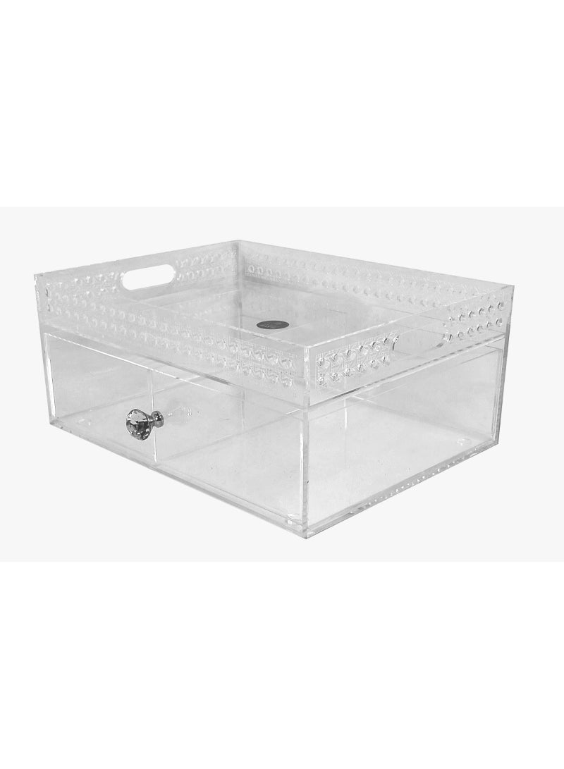 Clear Acrylic 2-Tier Storage Cabinet with Lock & Lace Trim – Transparent Display Box for Jewelry, Cosmetics, Office Supplies & Home Decor