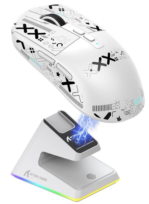 X6 49g Superlight Wireless Gaming Mouse with Magnetic RGB Charging Dock, BT/2.4GHz Wireless/Wired Mouse, PixArt PAW3395 Sensor, 26000DPI, Griptape, 200Hrs Battery for Win/Mac (White）