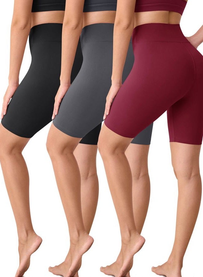 VALANDY Biker Shorts for Women High Waisted Workout Shorts for Women Yoga Pants 8" Soft Opaque, 3 Packs-black/Dark Grey/Burgundy, S-M - Image 1