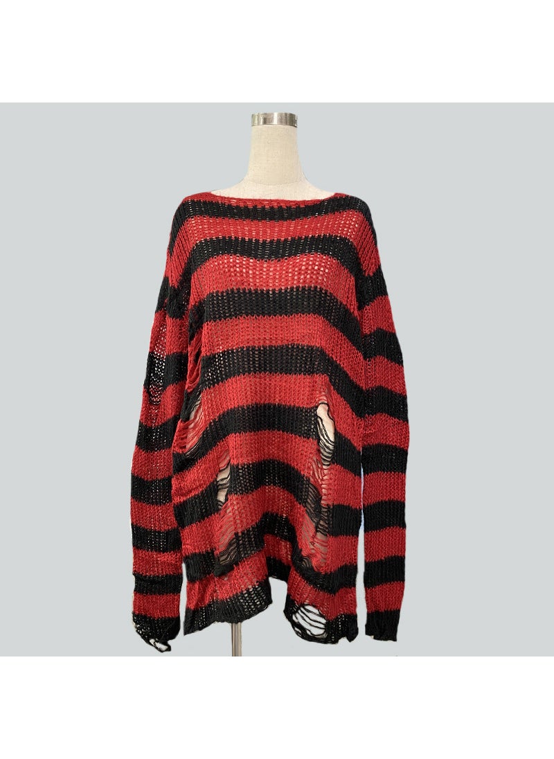 Generic Mohair new European and American Foreign trade loose striped sweater Women's Mid-length pullover ripped thin wool sweater  - Image 1